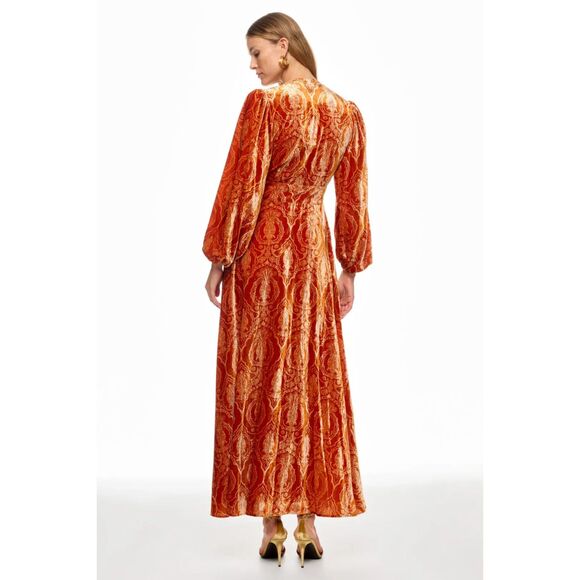La DoubleJ Long Camerino Orange Abstract XLR Button Front Cocktail Dress
